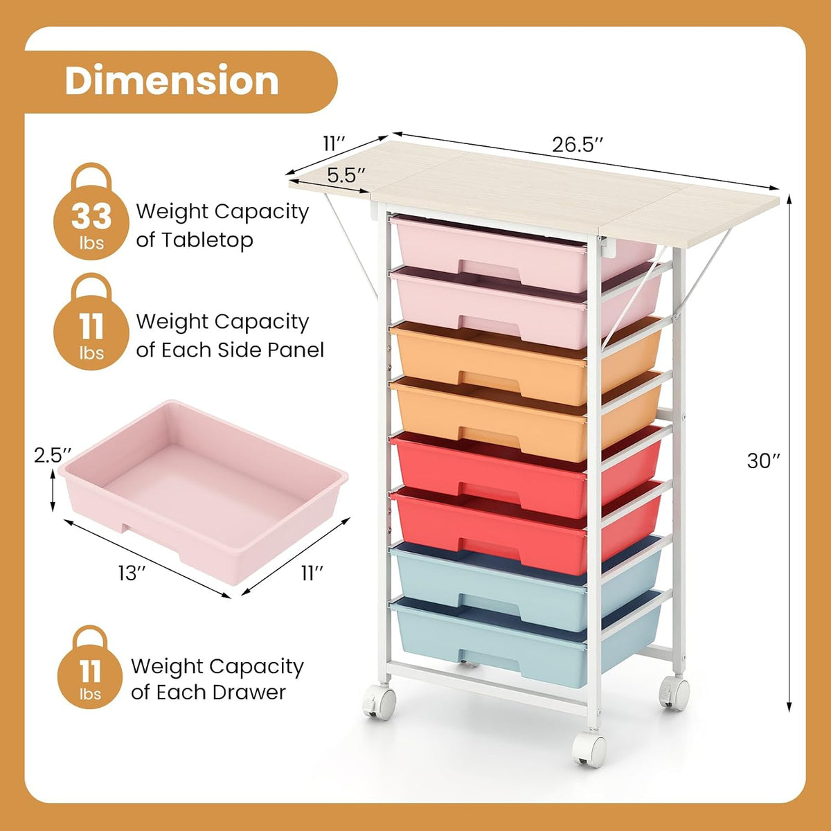 GOFLAME 8-Drawer Rolling Storage Cart with Foldable Wooden Top
