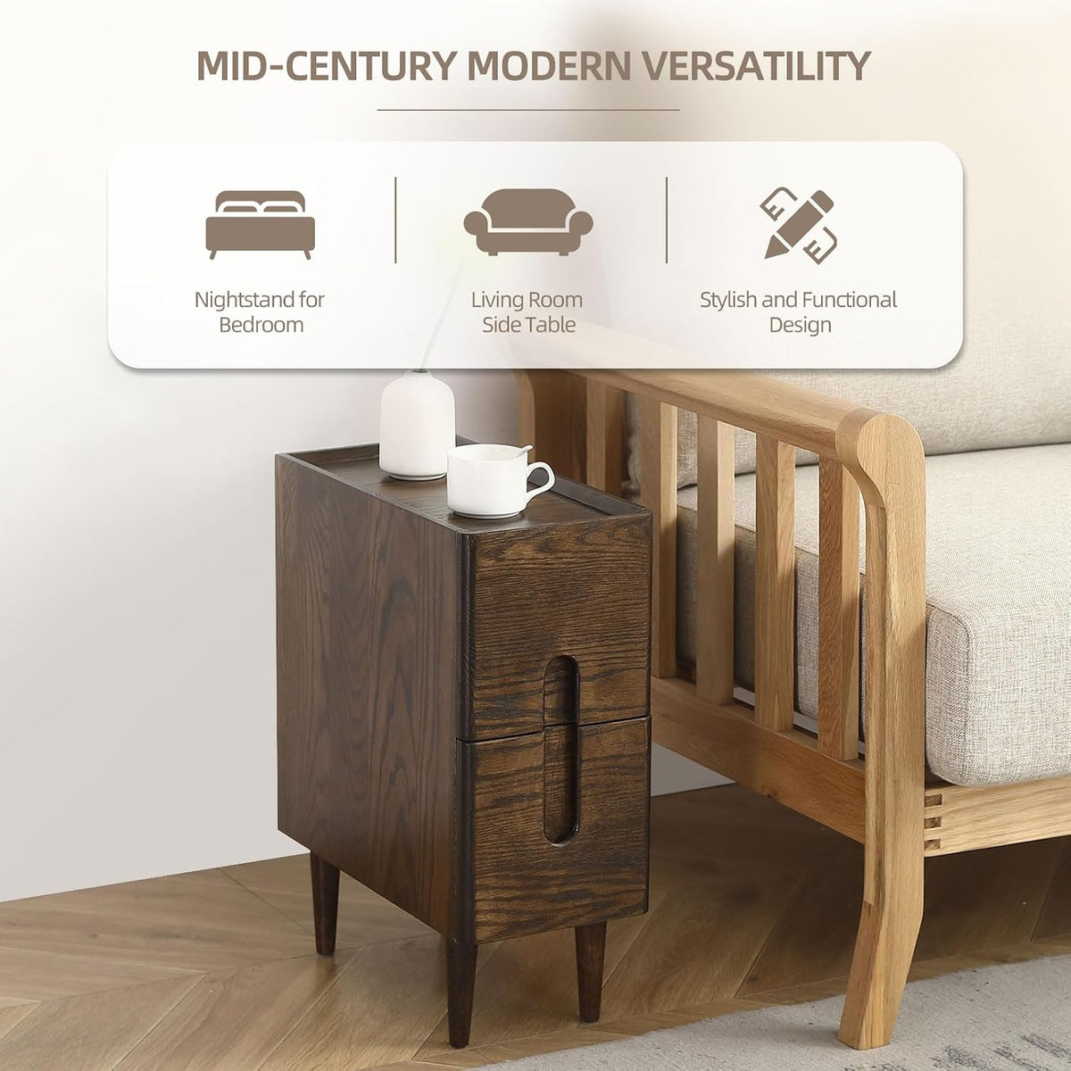 Solid Wood Bedside Table Nightstands, Slim Narrow Oak Real Wooden Mid-Century...