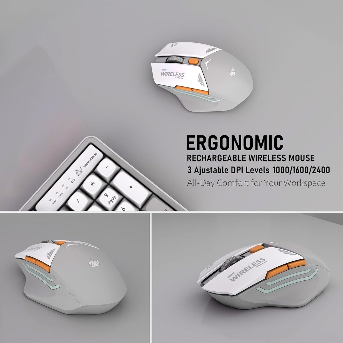 Rechargeable Wireless Keyboard and Mouse Combo, Full-Size - Gray-White