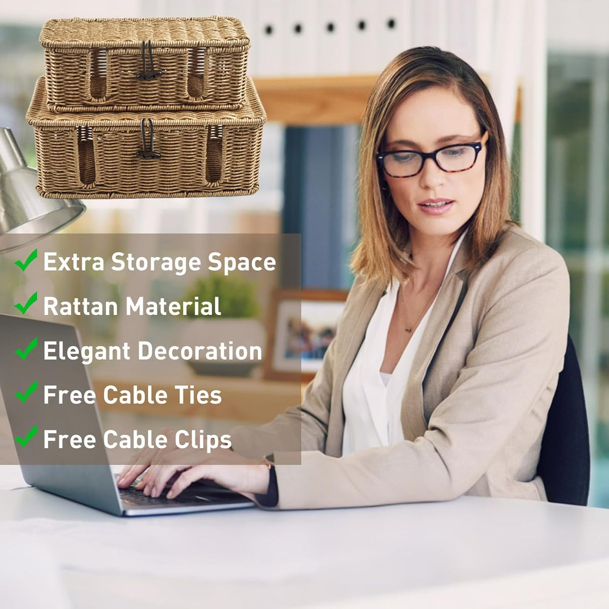 2 Pcs Large Rattan Cable Management Box, Cord Organizer Box with Lid Under De...