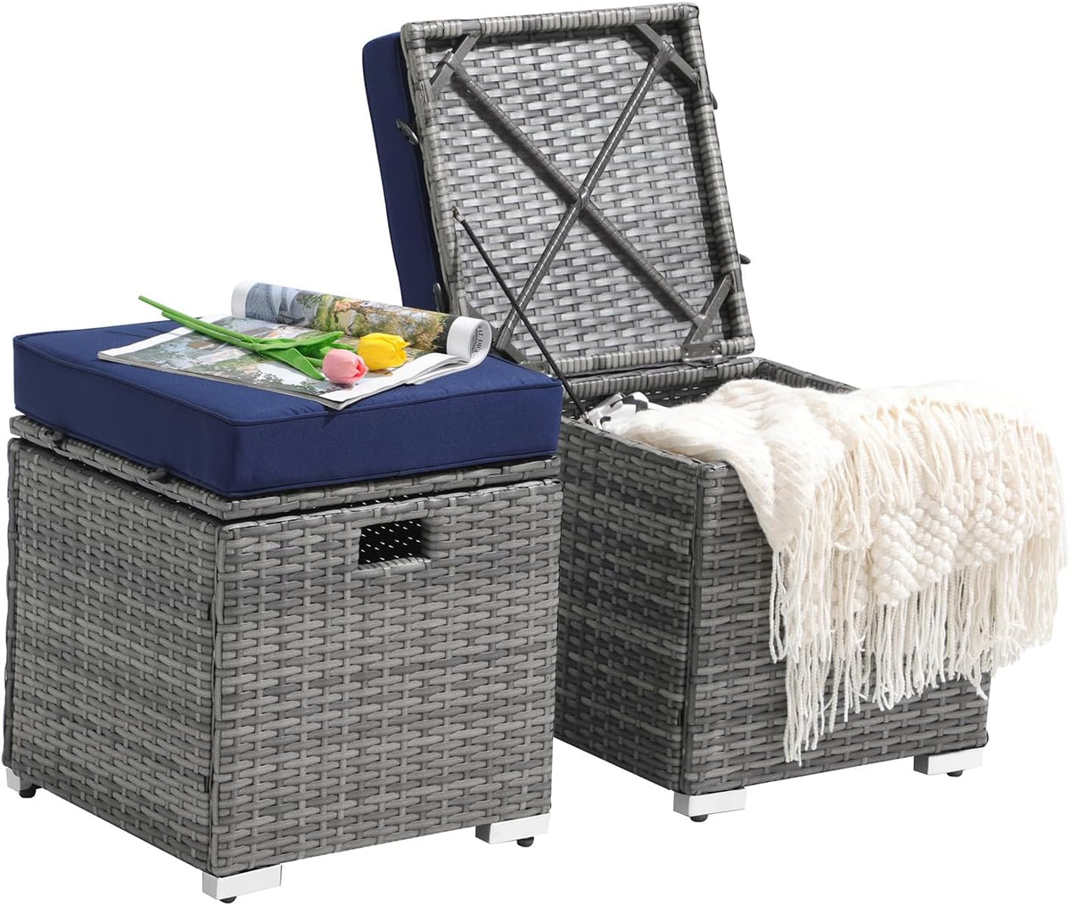 Patiorama 2 Piece Outdoor Patio Ottoman with Storage, Wicker, Navy Blue