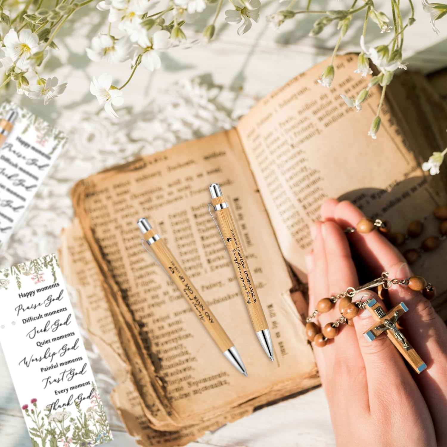 10 Set Christian Religious Gifts Bulk Include Bible Verse Pens and Inspirational Bookmarks Scripture Quote Bible Study Group Church Gifts for Christian Pastor (Bamboo)