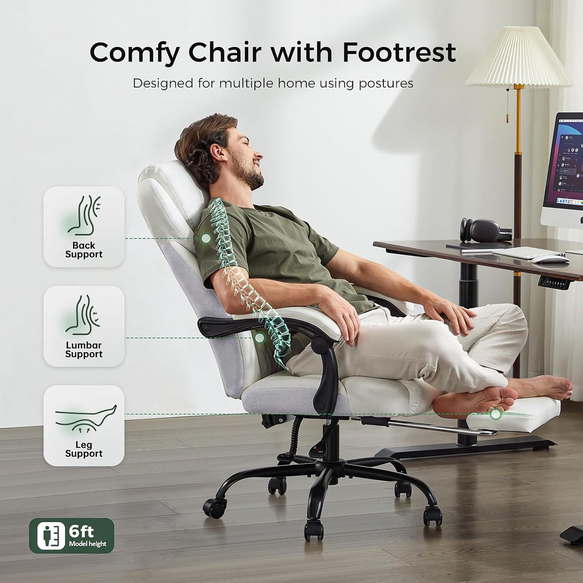 amseatec Big and Tall Office Chair with Footrest, Lumbar Support, White