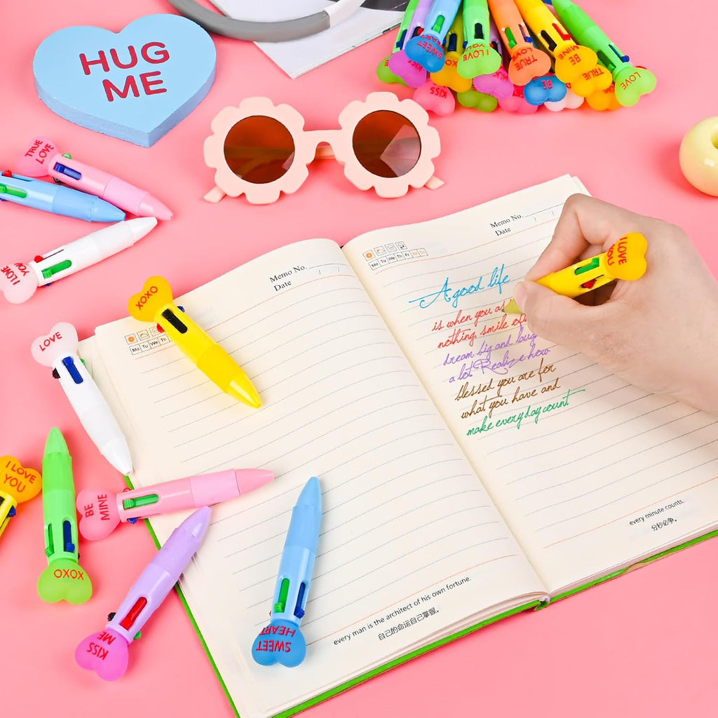 LiYiQ 25 Pcs Valentine's Day Conversation Multicolor Pen in One Cartoon Cute Fun 4-in-1 Pens Bulk Kawaii Be Mine Kiss Me Love Conversation Lovely Ballpoint Pens for Fun Gifts