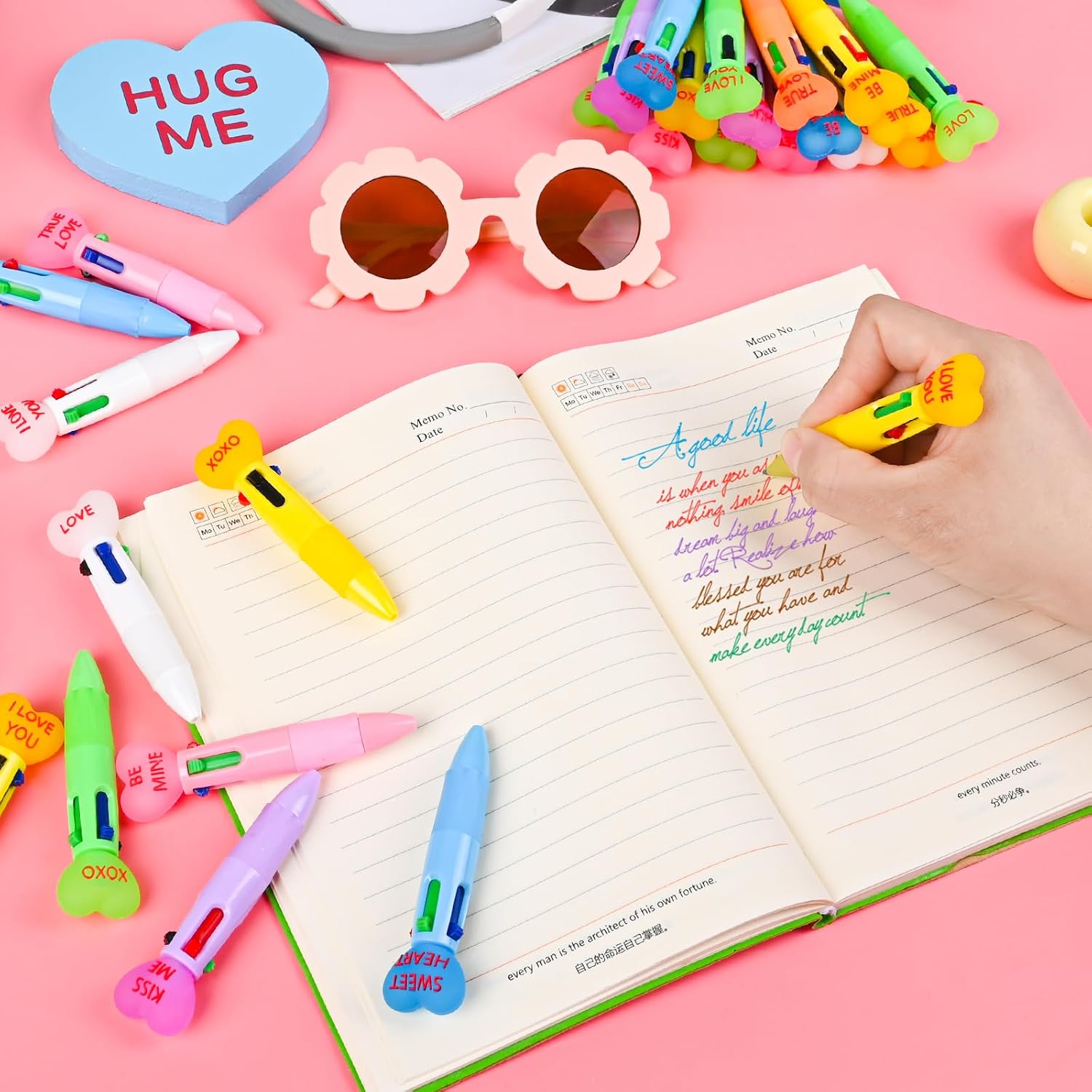LiYiQ 25 Pcs Valentine's Day Conversation Multicolor Pen in One Cartoon Cute Fun 4-in-1 Pens Bulk Kawaii Be Mine Kiss Me Love Conversation Lovely Ballpoint Pens for Fun Gifts