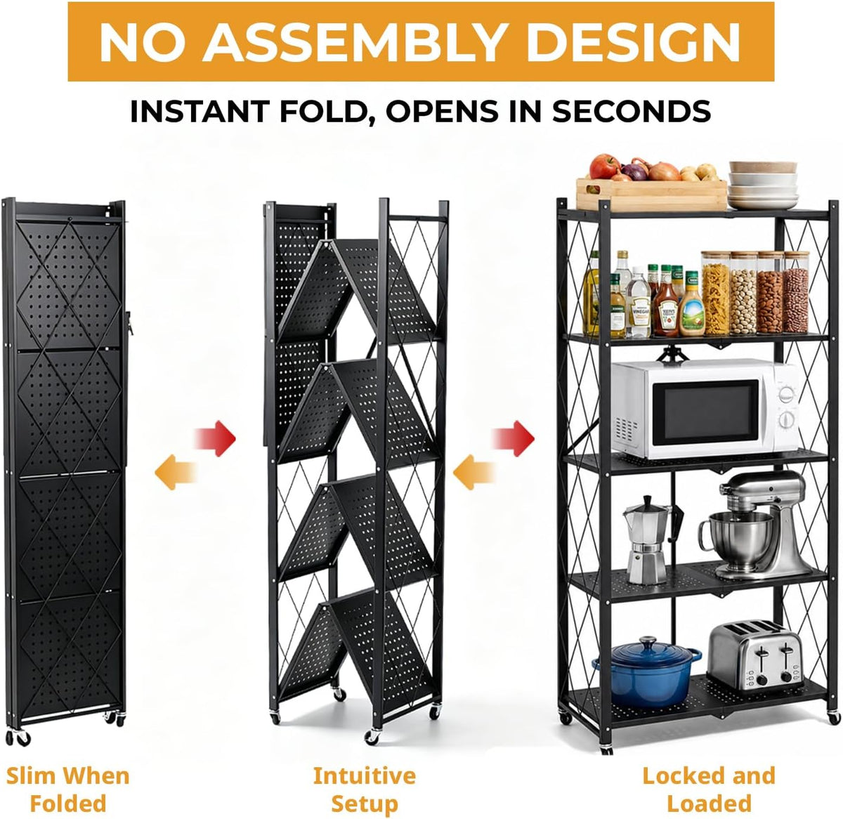 COKIHOM 5 Tier Foldable Storage Shelf with Wheels, Heavy Duty Metal Rolling S...