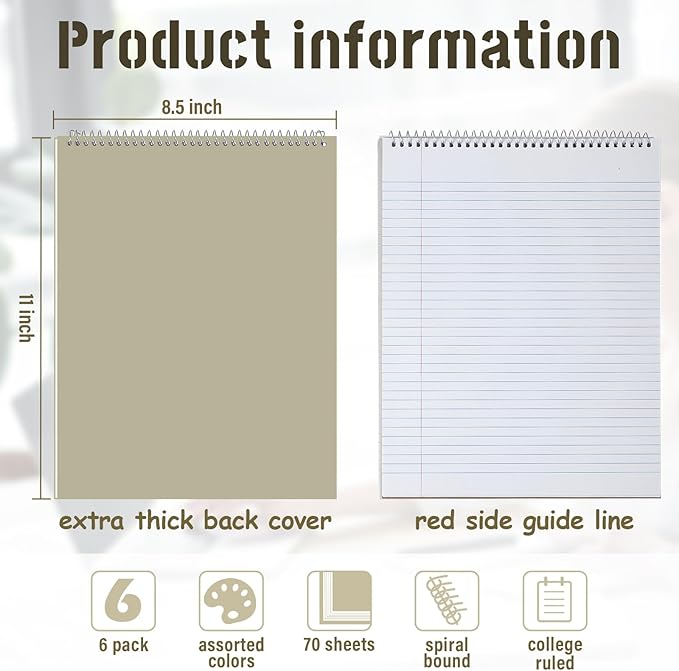 Maitys 6 Pcs Legal Pad Steno Spiral Notebook 8.5" x 11" Top Bound Spiral Pads - Image 2