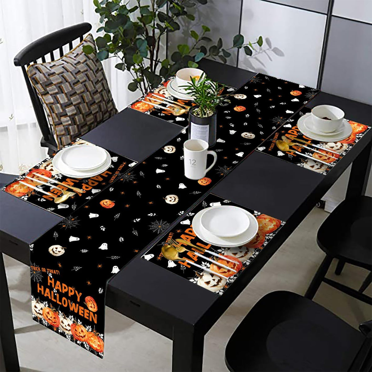 Happy Halloween Pumpkin Ghost Table Runner and Place Mats Set of 6 108 in