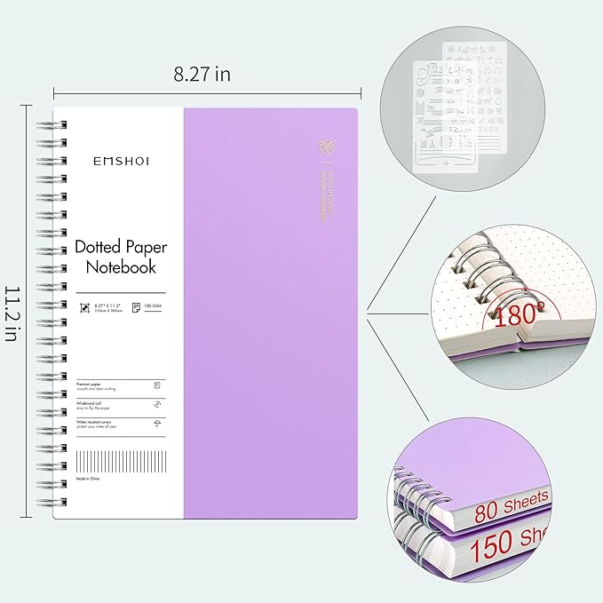 EMSHOI A4 Spiral Notebook Bullet Dotted journal, 11.2" X 8.27", 300 Pages/150 - Image 3