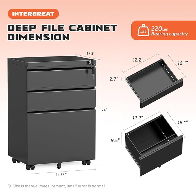 INTERGREAT 3 Drawer Mobile File Cabinet - Image 3