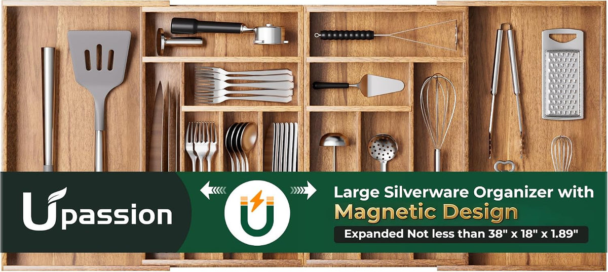 Large Silverware Organizer, 13 Slots Magnetic Connected Expandable Acacia Woo...