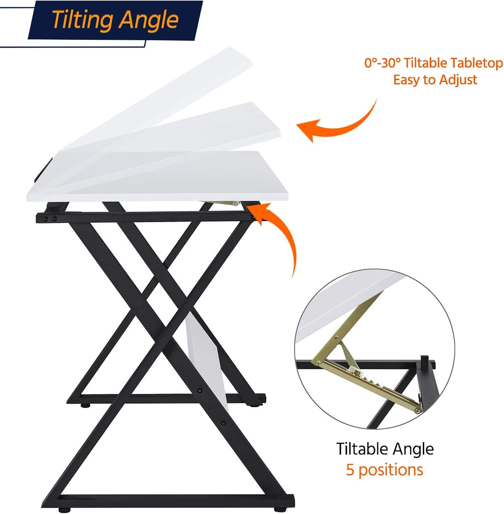 Yaheetech Height Adjustable Drafting Table, Tilting Art Desk, White | Sturdy powder-coated steel X-frame holds an MDF top tilting 0-30° and adjusting 30-41in tall for drawing, crafts and puzzles.