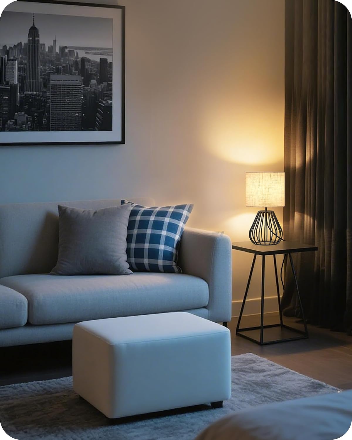 Small Bedside Table Lamp, Black Table Lamp with Metal Cage & Linen Lampsh...
