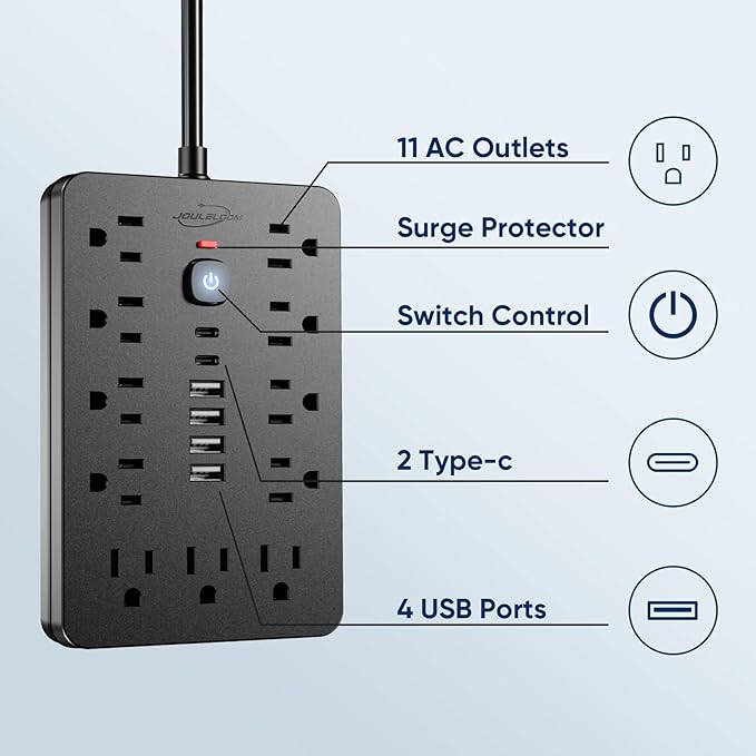 JouleLoom 10 FT Flat Plug Surge Protector Power Strip, 11 Multiple AC Outlets - Image 3