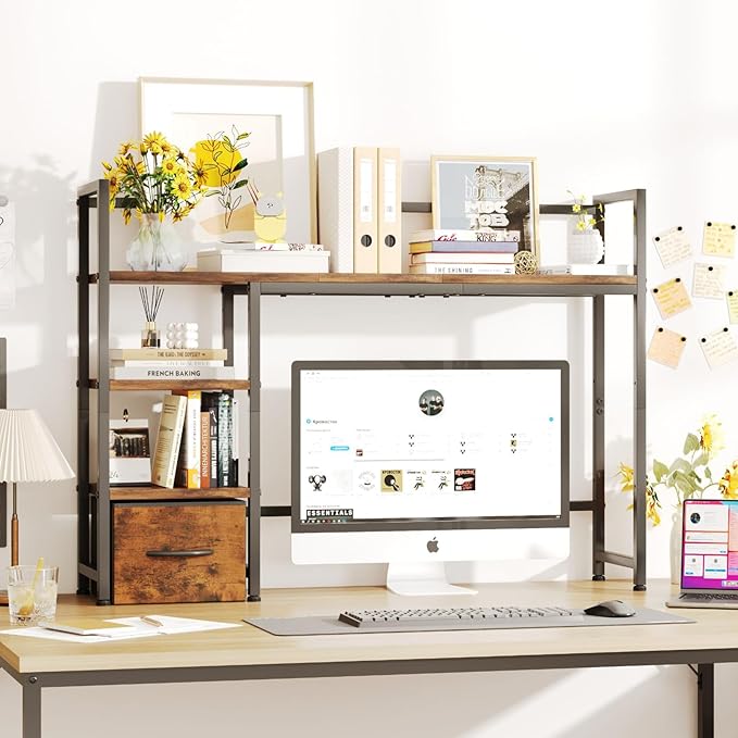Desk Shelf with Drawer, 41.3" Desktop Organizer Shelf, Desk Hutch - Image 2