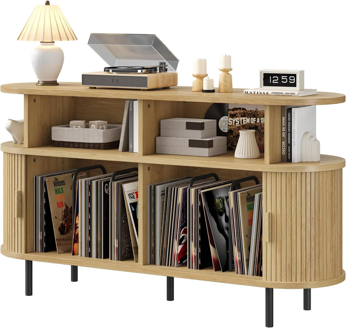 ONBRILL 55" Large Round Record Player Stand with Charging Station,Oak