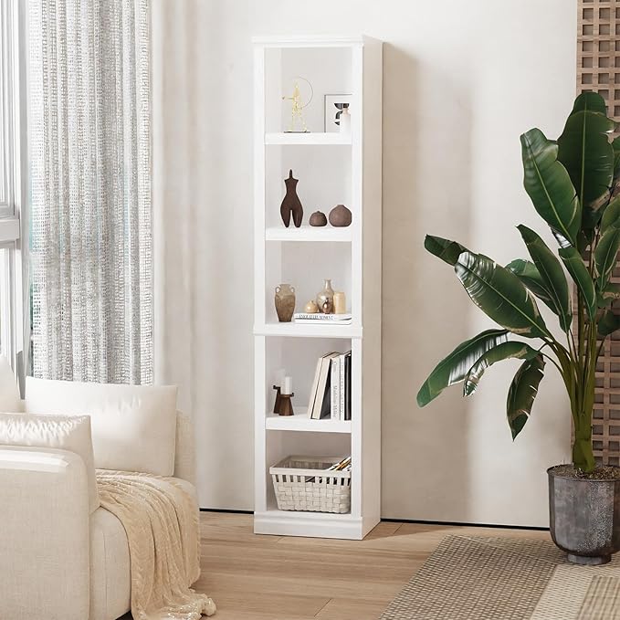 blini 5-Shelf Narrow Bookcase White Wooden Tall Bookshelves Floor Standing - Image 4