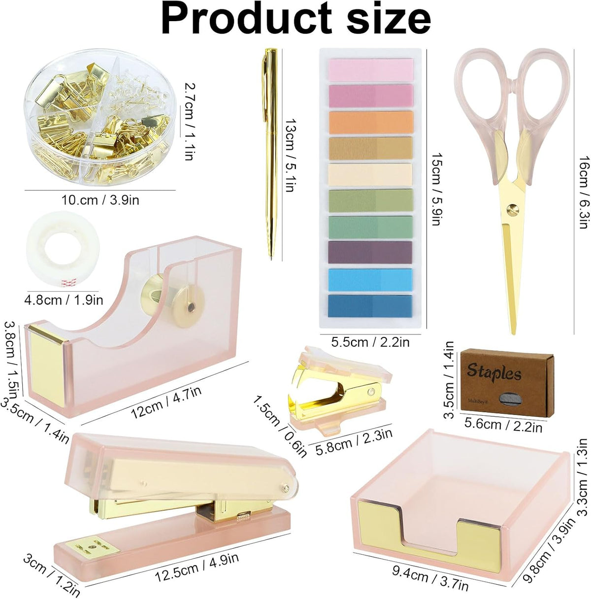 MultiBey Pink Gold Acrylic Sticky Notes Holder Stapler and Tape Dispenser Cut...