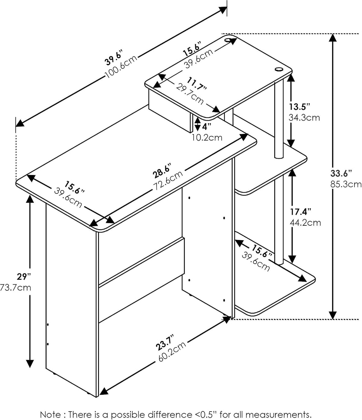Furinno EFFICIENT Desk, 28.6" Wide Gaming Desk with 3 Open Side Shelves,...