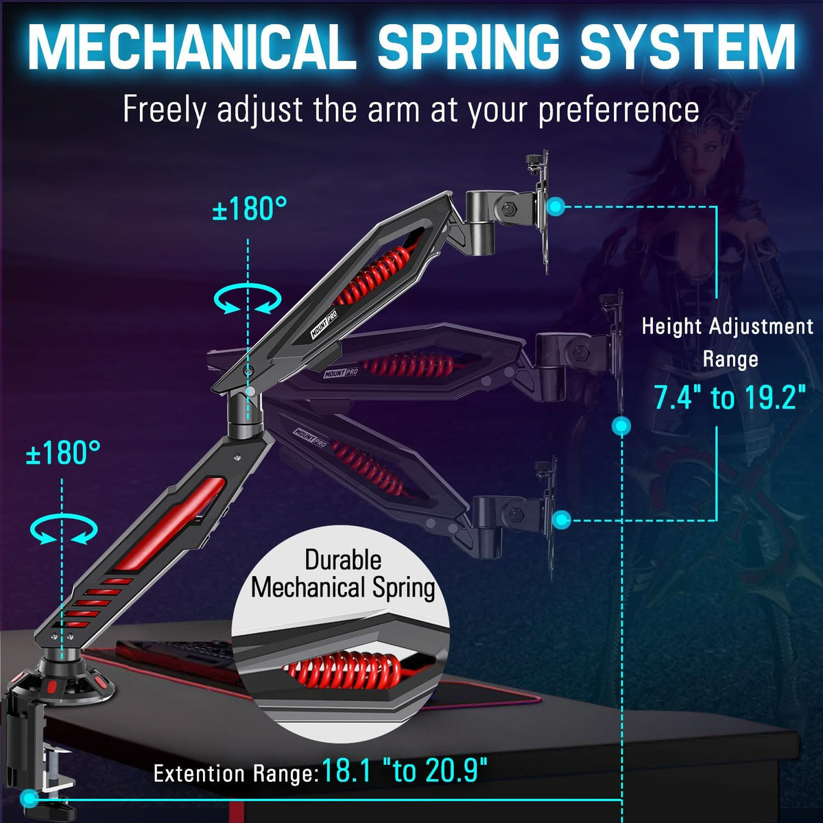 MOUNT PRO Single Gaming Monitor Stand - Mechanical Spring Display Mount, Adju...