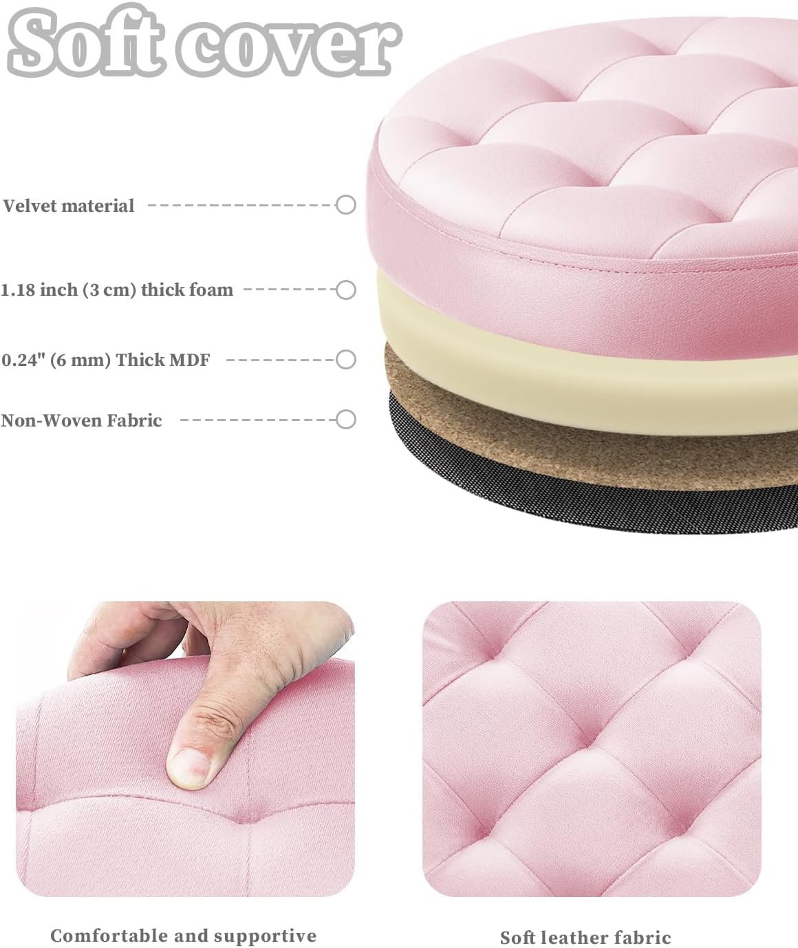 Bsketa Round Storage Ottoman, 14" Folding Velvet Foot Stool,Pink 2 Pack