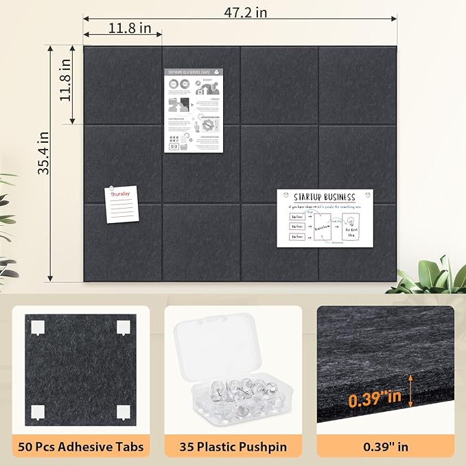 Smarpau Large Cork Board for Walls, 12 Pack Square Bulletin Board, Felt Wall - Image 2