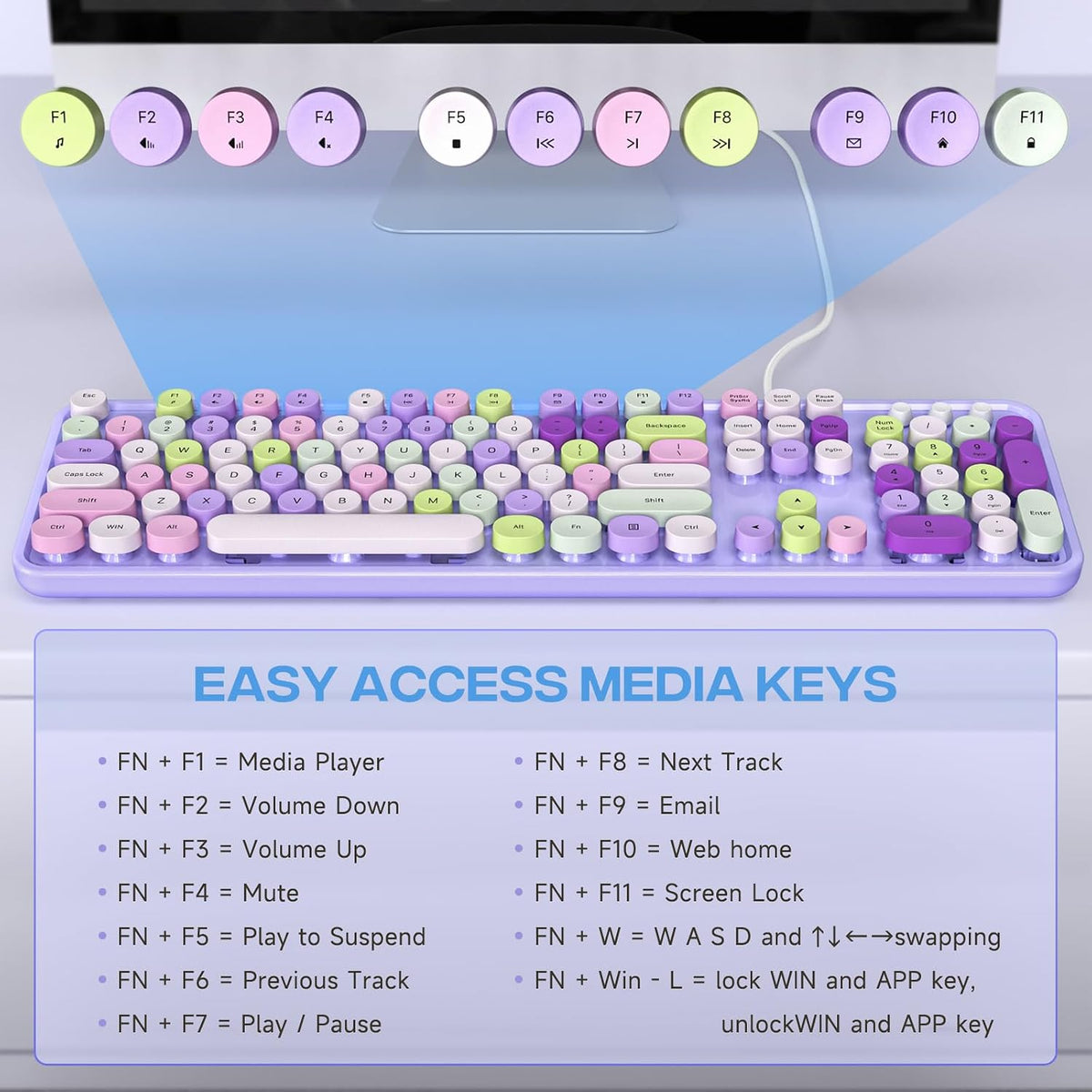 KNOWSQT Wired Computer Keyboard - Purple Colorful Retro Full Size Round Keyca...