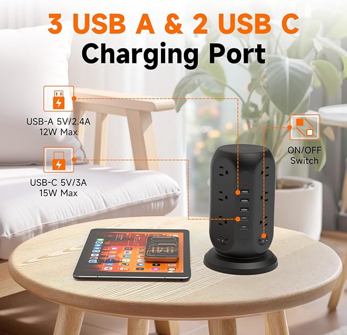 Tower Power Strip with 12 Outlets and 5 USB Ports, Flat Extension Cord 10 Ft - Image 3