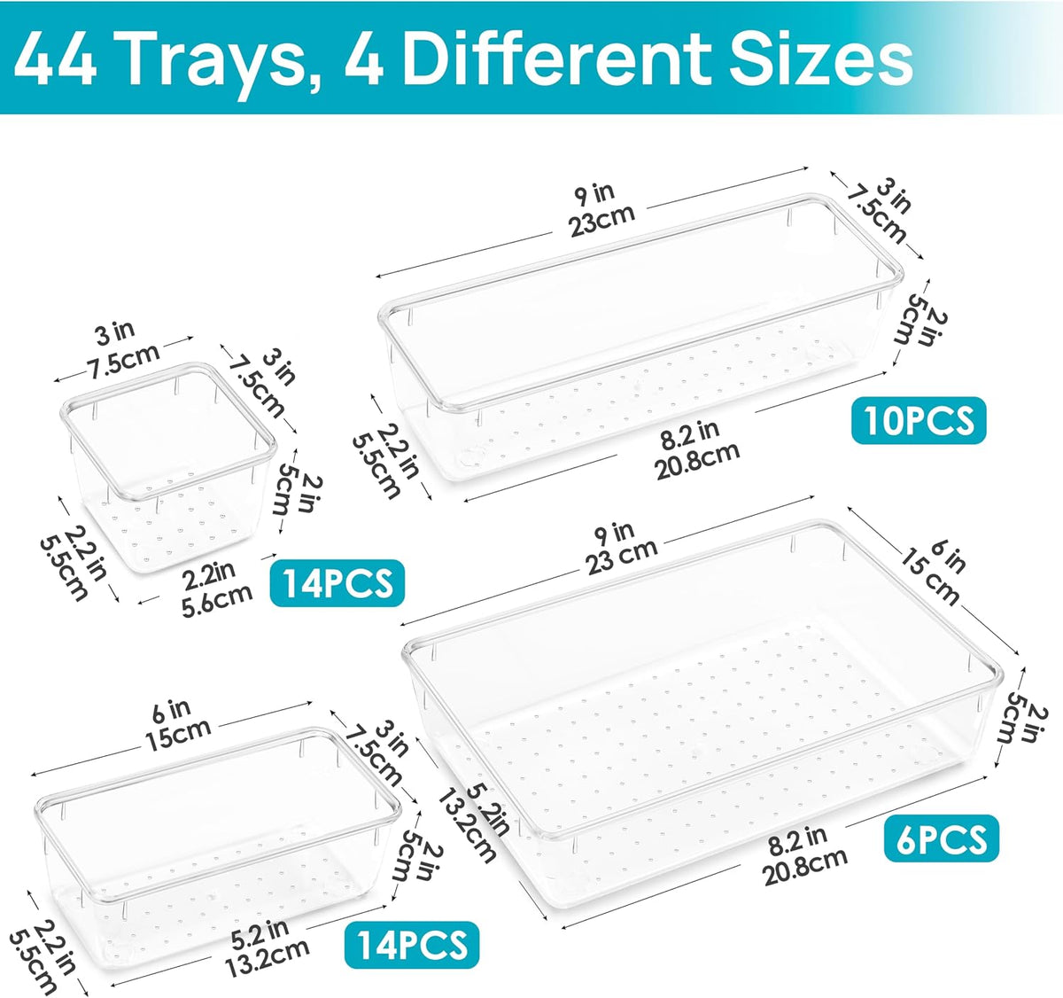 vtopmart 44 pcs clear plastic drawer organizers set showing dimensions