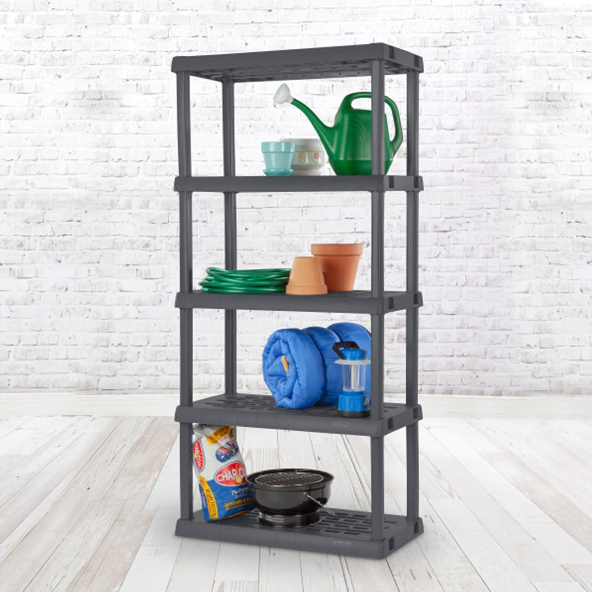 sterilite 5 shelf unit, heavy-duty plastic storage &, front angle view