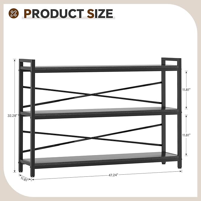 3 Tier Bookcase 47.24" Width, Long Industrial Book Shelf, Vintage Wooden Large - Image 3