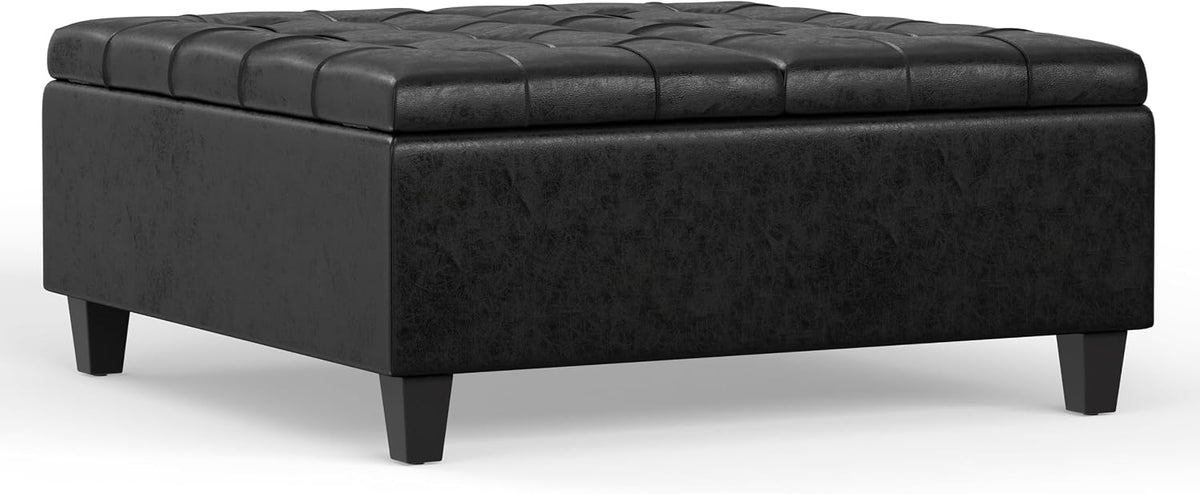 SIMPLIHOME Harrison 36" Wide Vegan Leather Lift Top Ottoman in Black