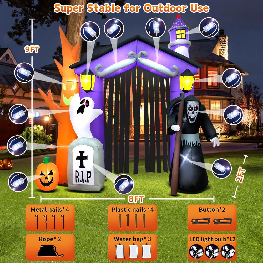 9FT Halloween Inflatables Haunted House Castle Archway Decoration with Led Li...