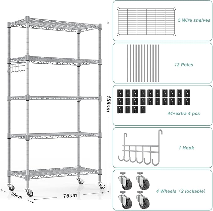 Himimi 5-Tier Storage Shelf Wire Shelving Unit on Wheels, Adjustable Heavy Duty - Image 4
