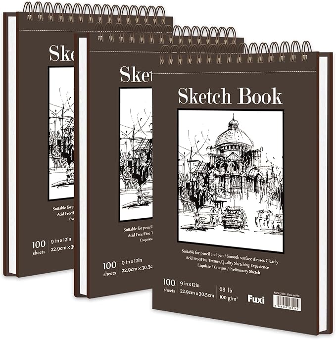 9"X12" Sketch Book Bulk, Top Spiral Bound Sketch Pad, 3 Pack 100 Sheets Each by SketchBook