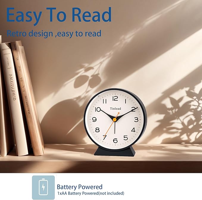 Tinload 4.5" Battery Operated Retro Analog Alarm Clock, Small Silent Bedside - Image 3