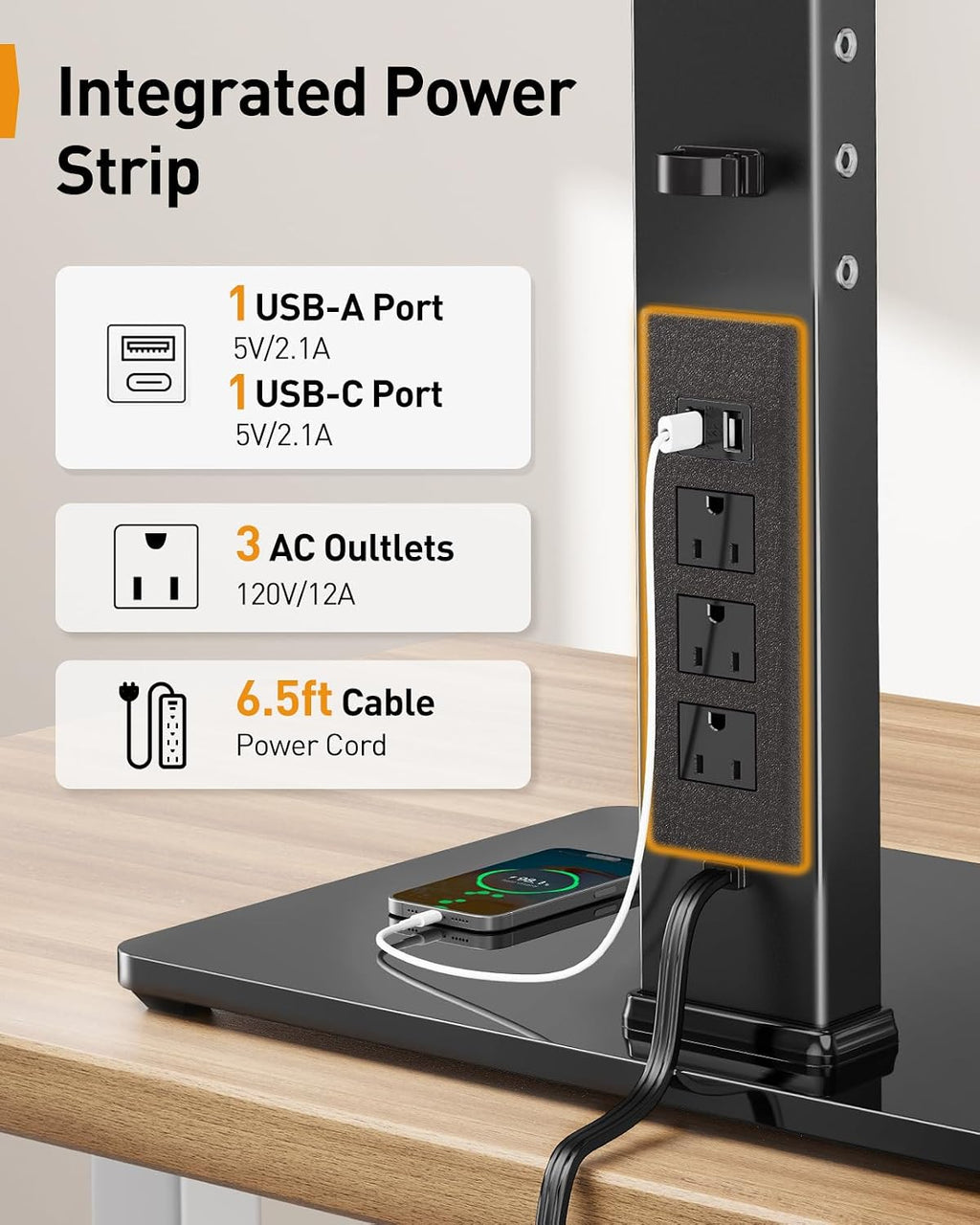 perlegear dual monitor stand with power strip, freestanding, close-up detail