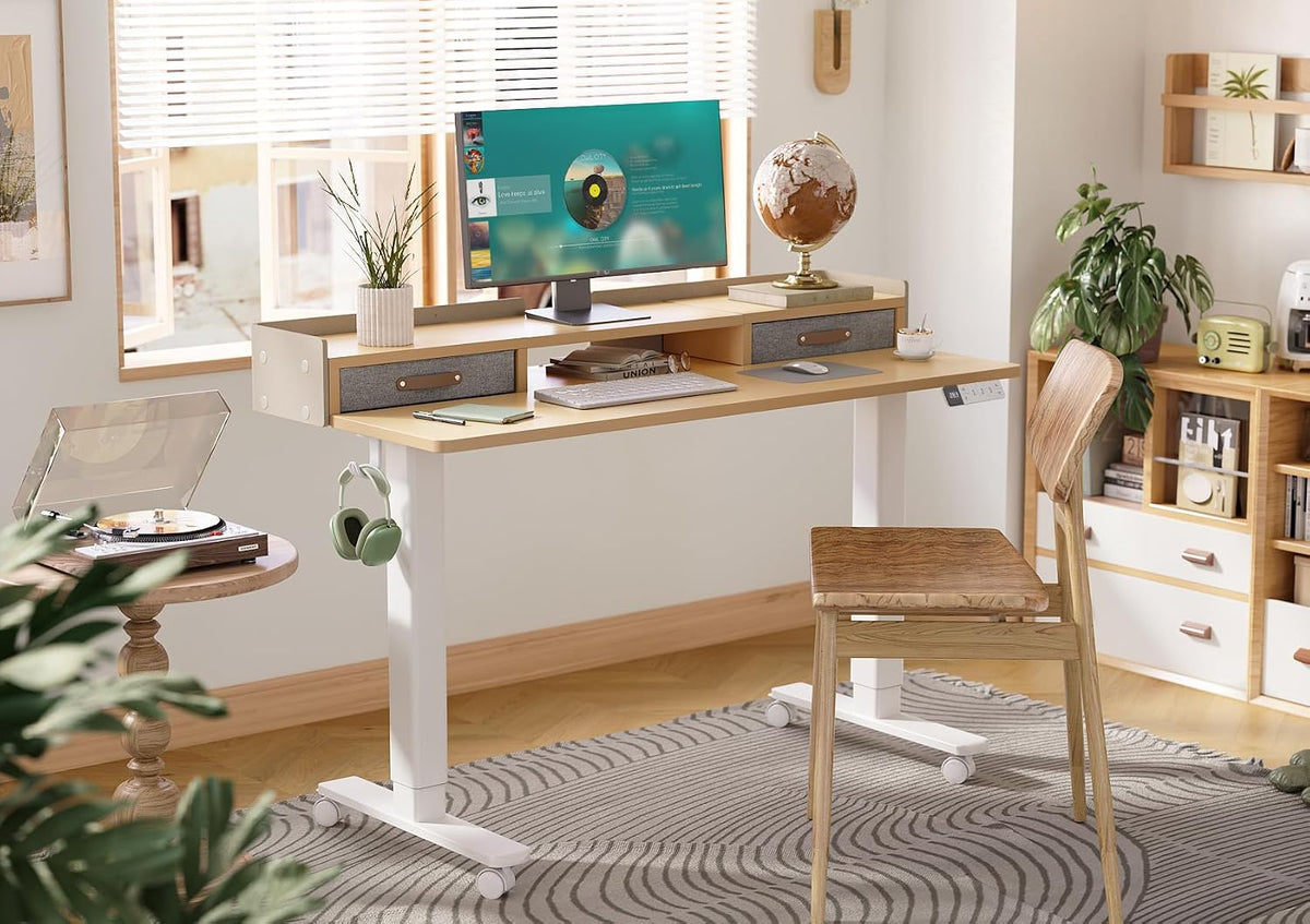Claiks Standing Desk with Drawers & Wheels, 2 Height Shelf 55" Natural