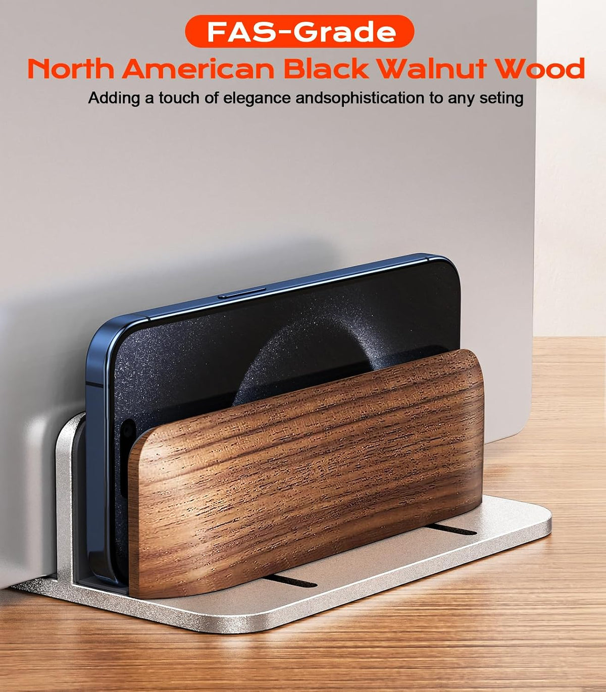 JCZT Vertical Laptop Stand, Walnut Dual Laptop Holder, Silver