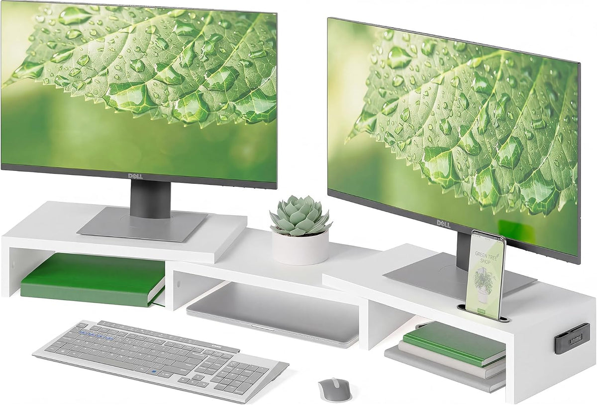 BONTEC Dual Monitor Stand Riser, Adjustable Length & Swivel Angle, White