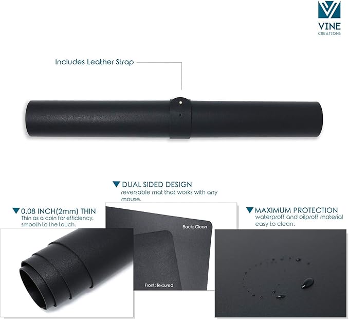 Leather Desk Pad 36" x 20", Vine Creations Office Desk Mat Waterproof Black - Image 5