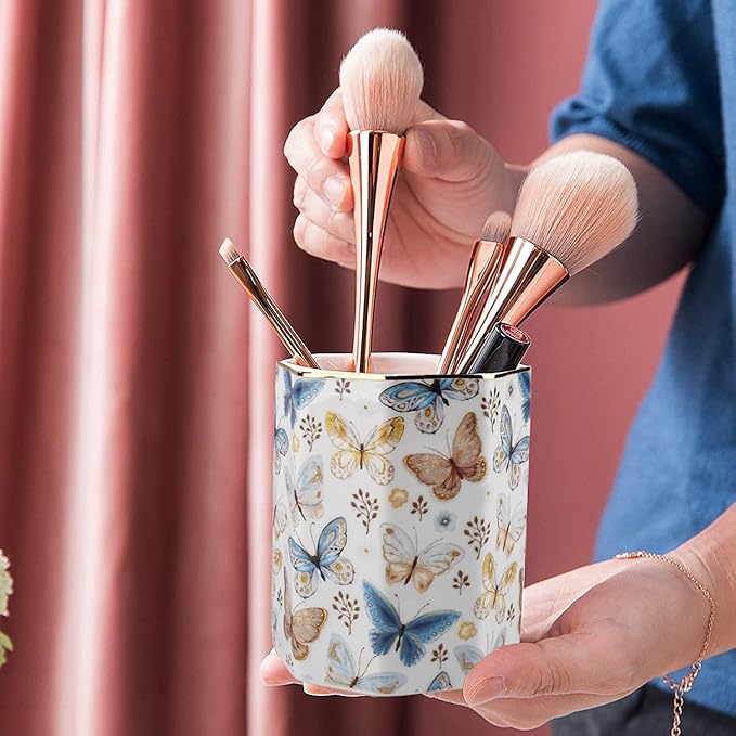 Jwest Pen Holder, Ceramic Shiny Gold Graphic Butterfly Pattern Pencil Cup - Image 3