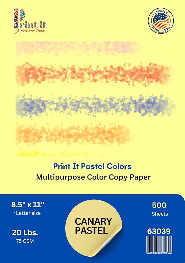 Printit Colors Multipurpose Paper, 20 lbs., 8.5" x 11", Canary-Yellow, 500 by Unknown