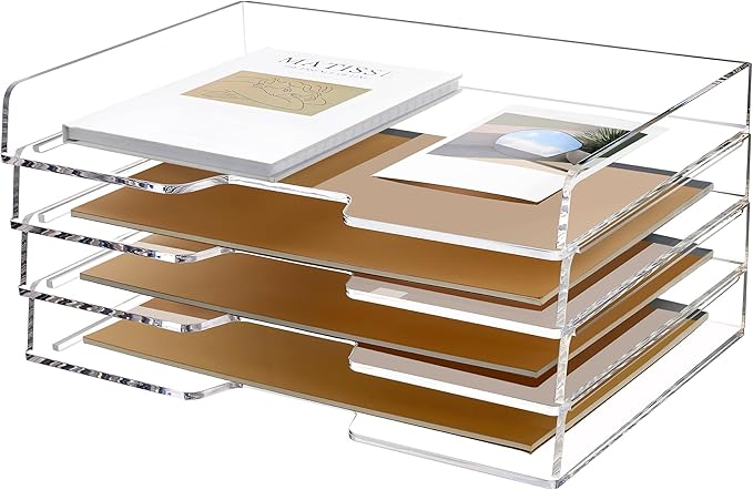 SANRUI 4 Tier Acrylic Paper Letter Tray Desk Stackable Organizer Trays，Clear by SANRUI