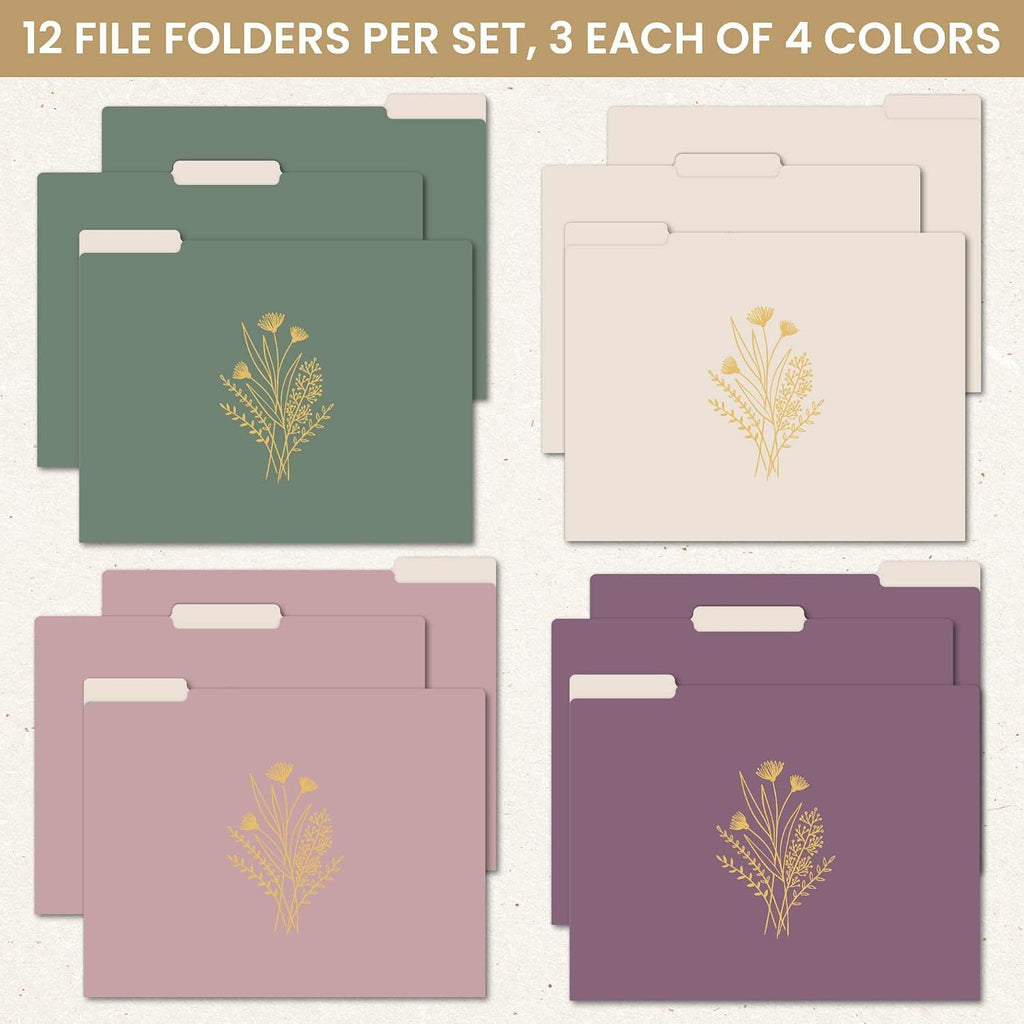 bloom daily planners Decorative File Folders - Set of 12 Letter Size (8.5” x 11”) Organizers, 1/3 Cut Tabs - Aesthetic Folders for School & Office - Gold Foil Florals