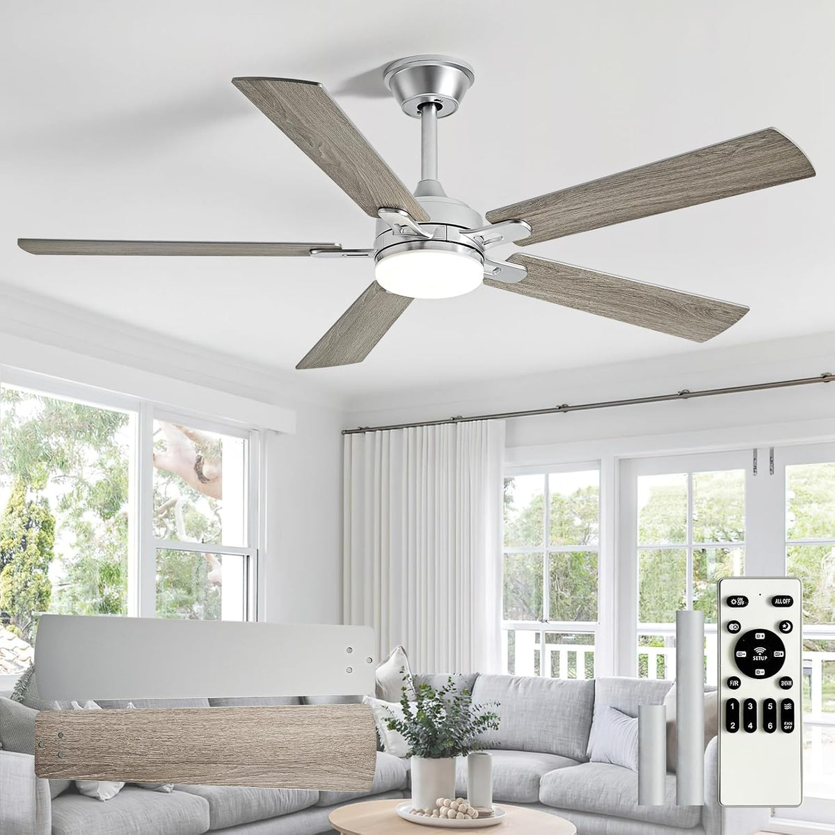 depuley 52-inch ceiling fan with light: nickel ceiling, main product view