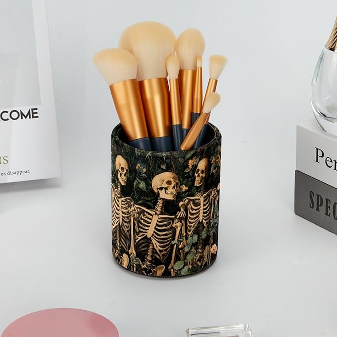 Leather Pen Holder for Desk, Skeleton Flower Pencil Cup Desktop Organizer - Image 6