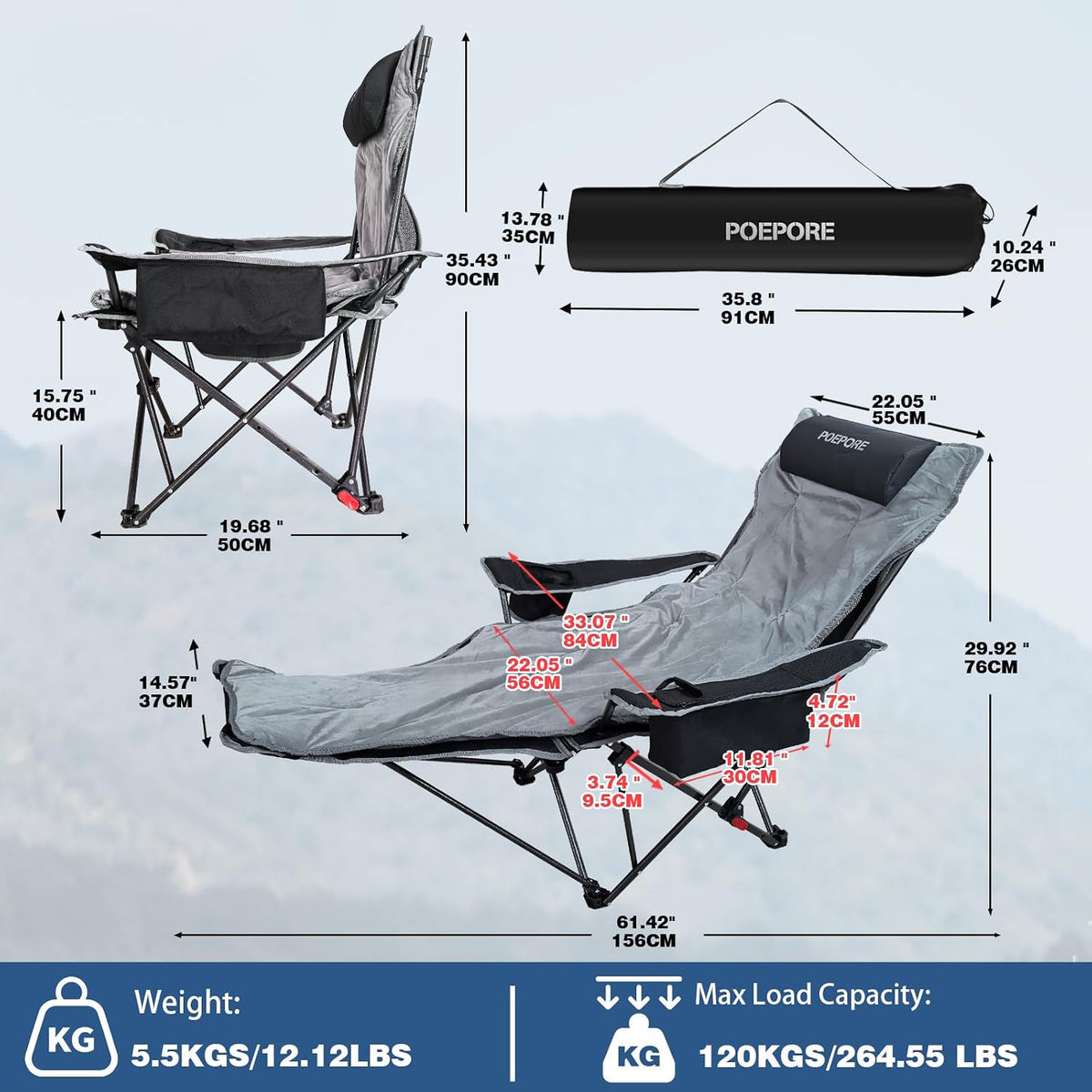 2-Pack Reclining Camping Chair 4 Position with Foot Rest Comfortable for Adul...