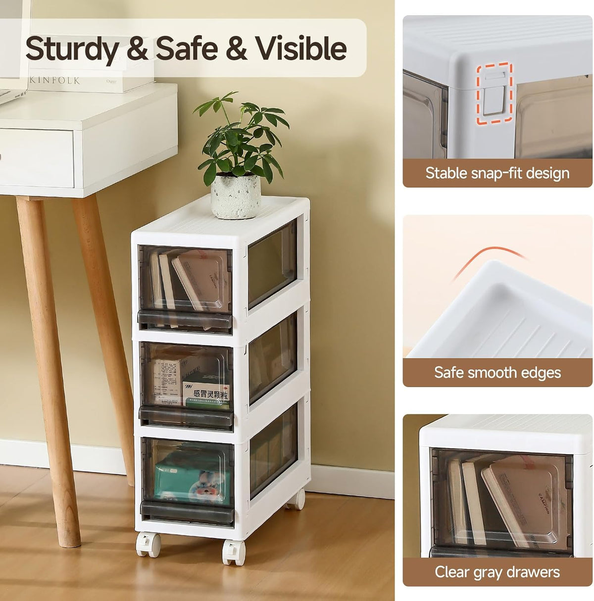Plastic 3 Drawer Storage Organizer, Narrow Plastic Storage Drawers with Wheel...