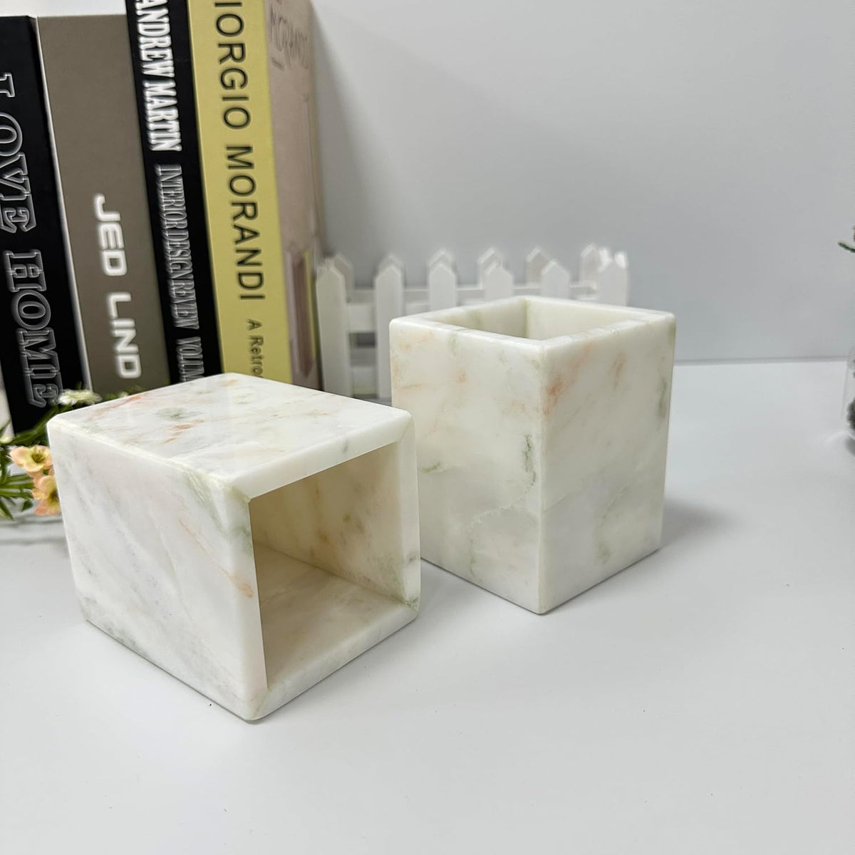 Natural Marble Pen Holder, 2.95" x 3.74" Square Hand-Polished Desk ...